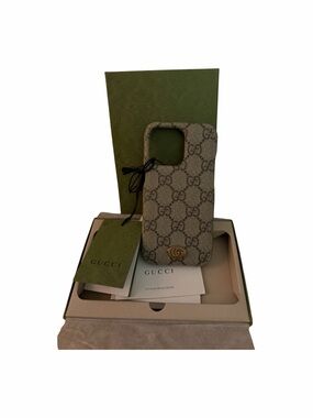 Gucci Beige Monogram GG Canvas iPhone Case with Gold Logo fits 13 Pro or 16 Pro
